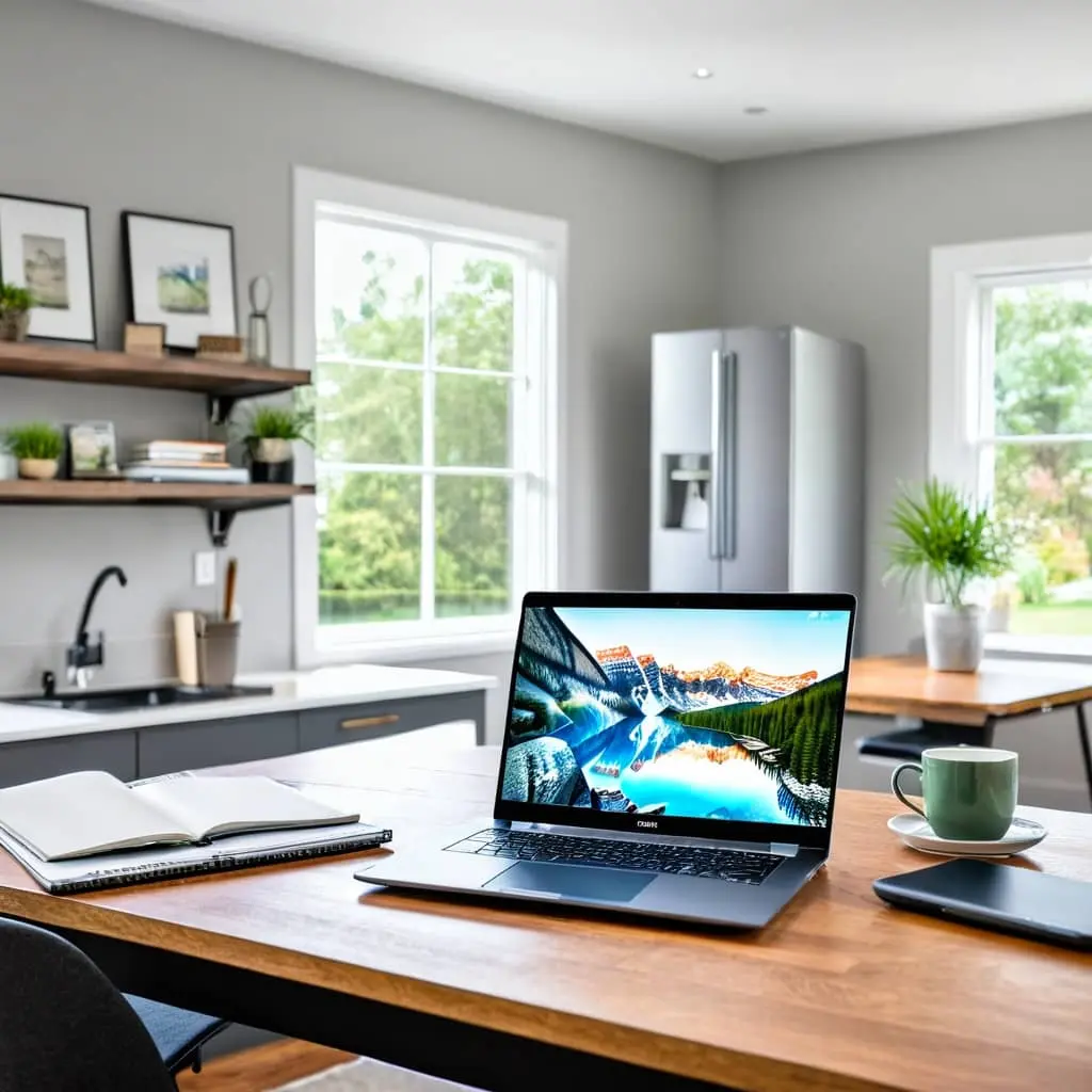 laptop na biurku w pokoju mieszkalnym